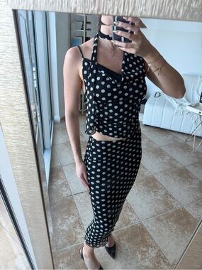 Polka Dot Scarf Trop & Midi Skirt Set